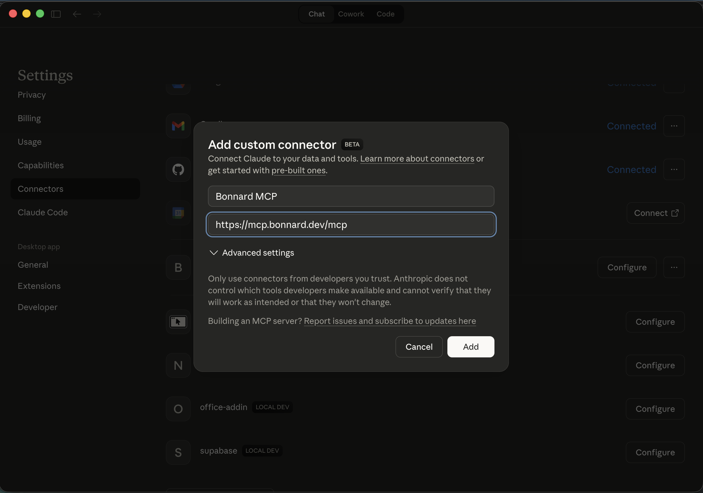 Adding a Bonnard MCP connector in Claude Desktop